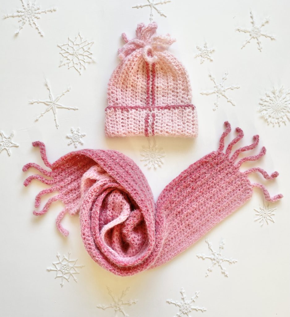 Crochet Caron O’Go Halo Rose Gold Hat and Scarf